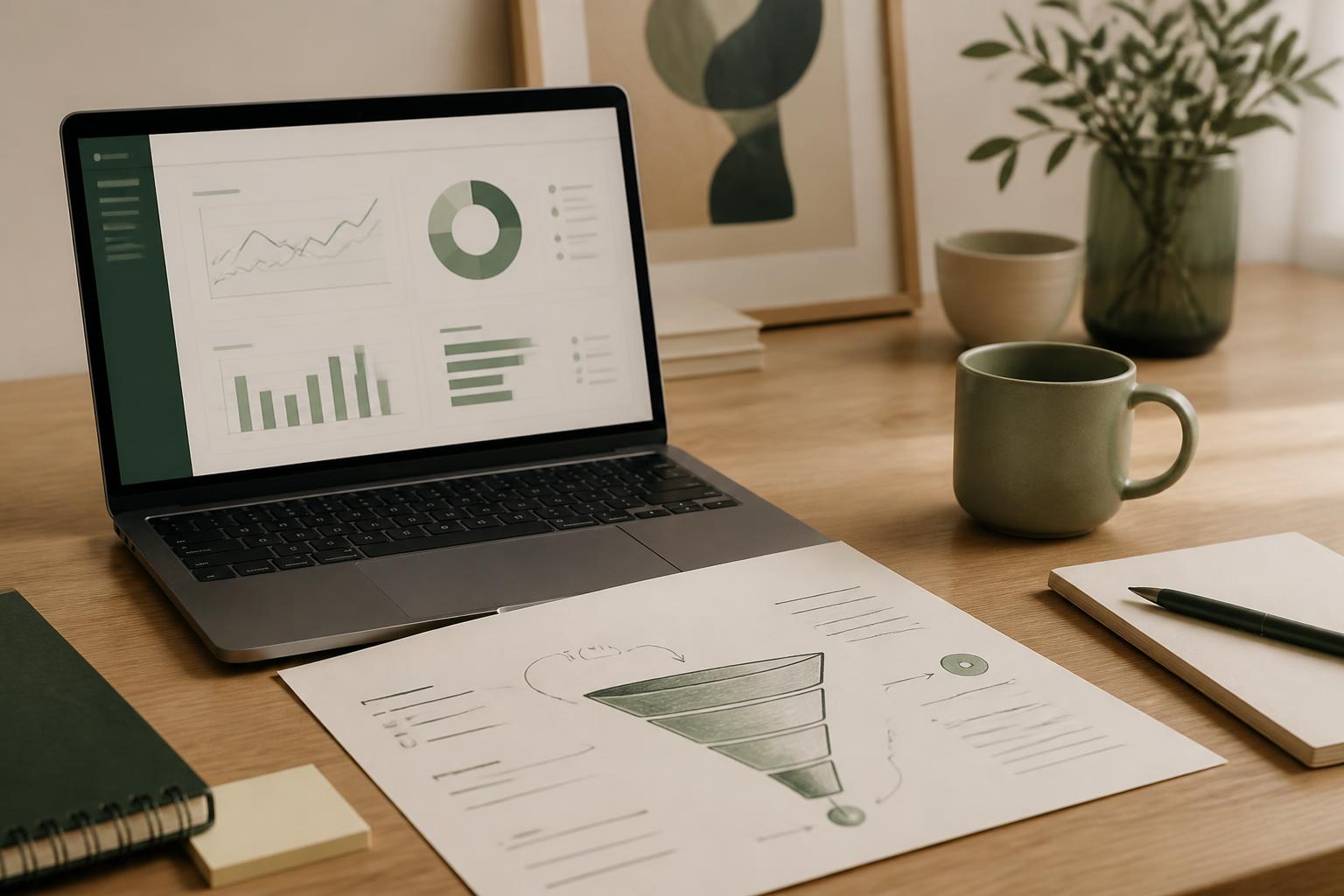 A desk with a laptop showing a muted analytics dashboard, a printed strategy page with a hand-drawn funnel, and a sage mug