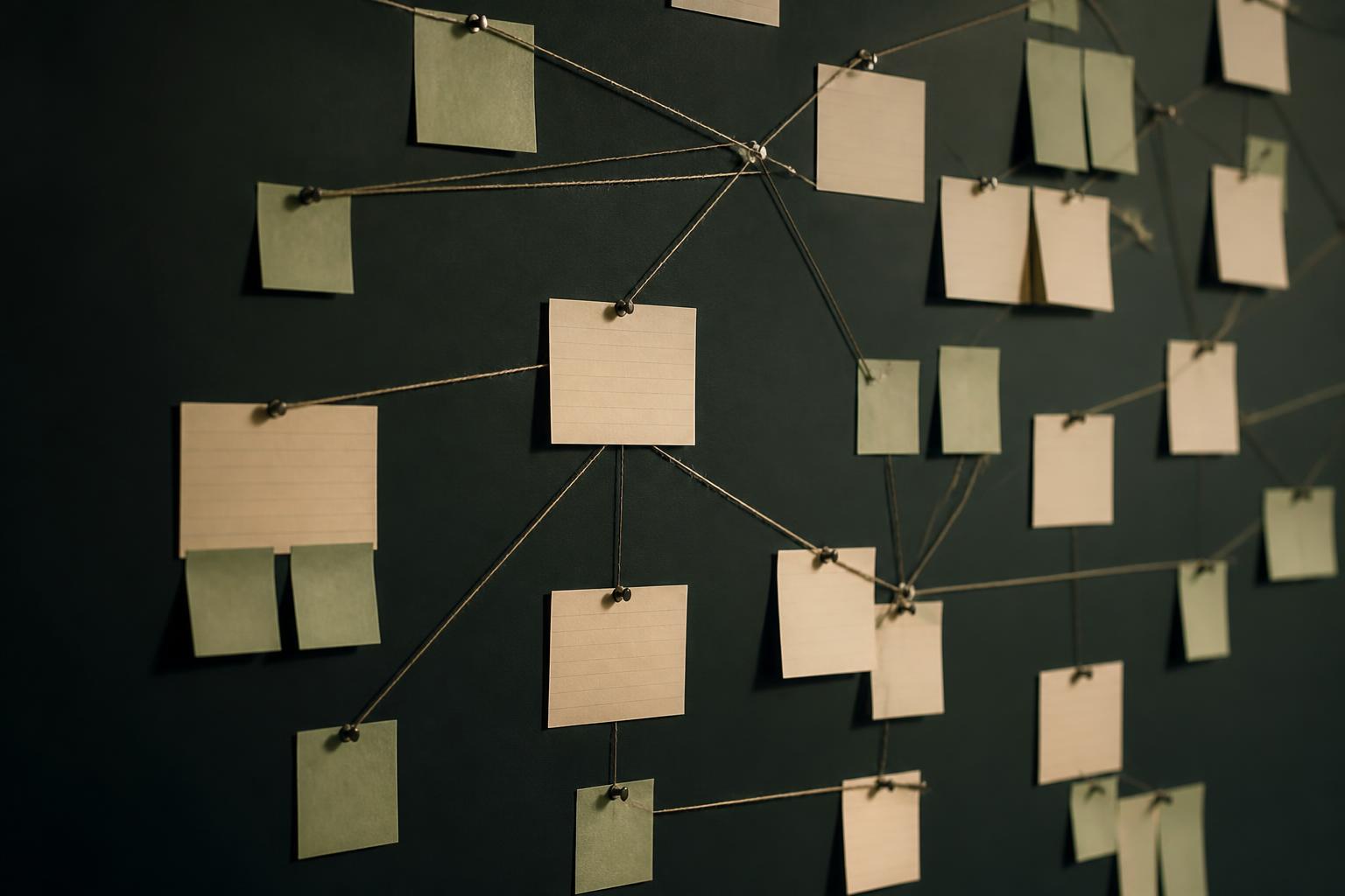 Cream index cards and sage sticky notes pinned and connected with string across a dark ink-green wall